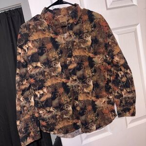 Morgan Creek button-up shirt with camo and deer printed